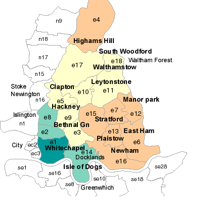 london map postcodes. Postcode Map of East London